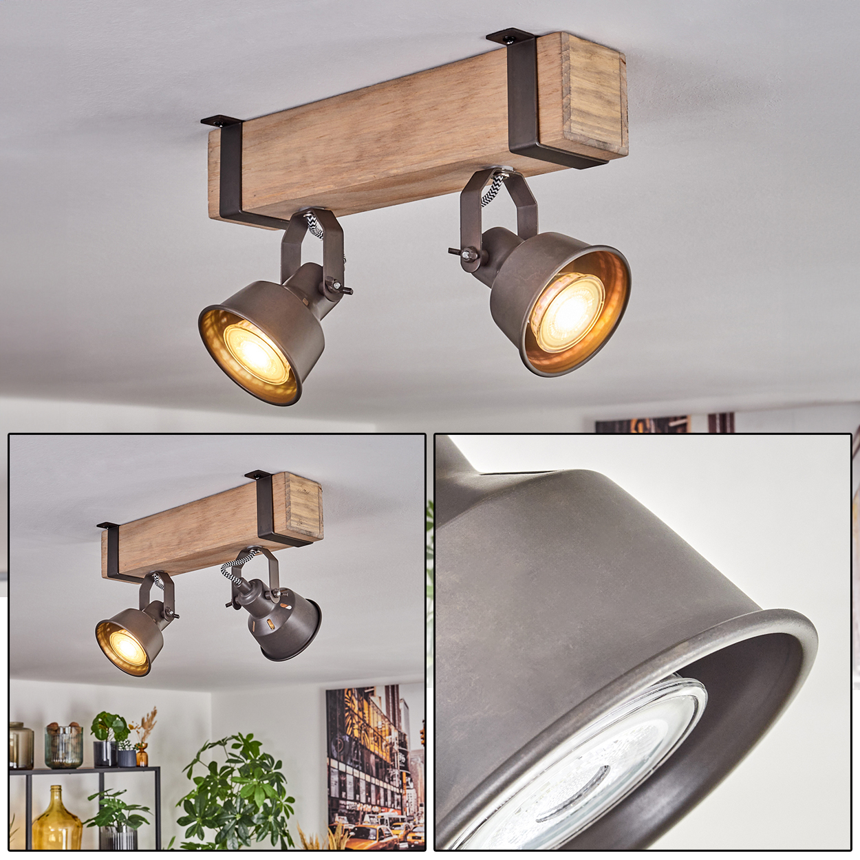 Eine Deckenleuchte mit zwei Strahlern. Sie hat einen Holzbalken und Metallschirme. Die Lichter sind an und beleuchten den Raum.