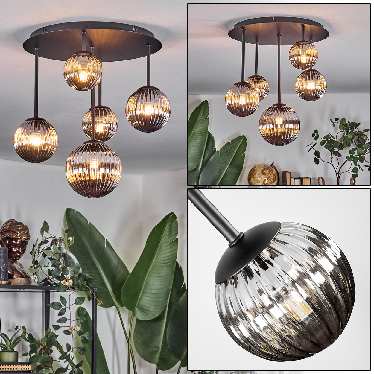 Moderne Deckenlampe mit sechs Glaskugel-Schirmen. Die Schirme sind gerippt und hängen an einer schwarzen, kreisförmigen Basis. Pflanzen und Deko sind sichtbar.