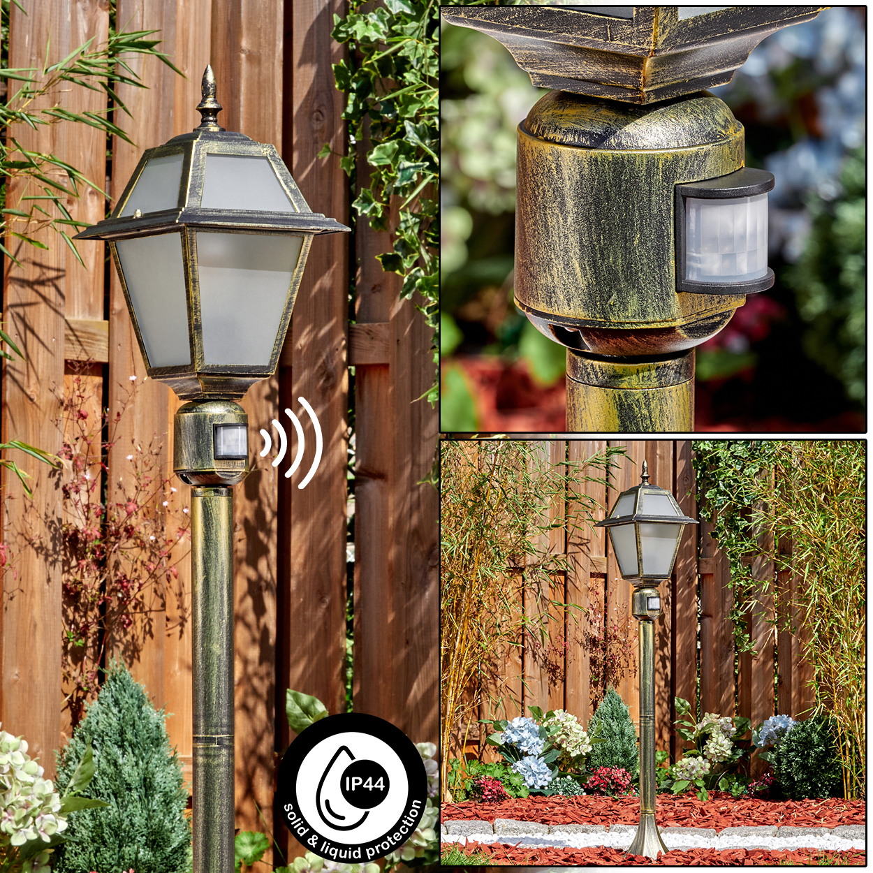Eine goldene Laterne mit Sensor. Die Lampe hat einen laternenartigen Kopf mit Milchglas. Sie befindet sich in einem Garten.