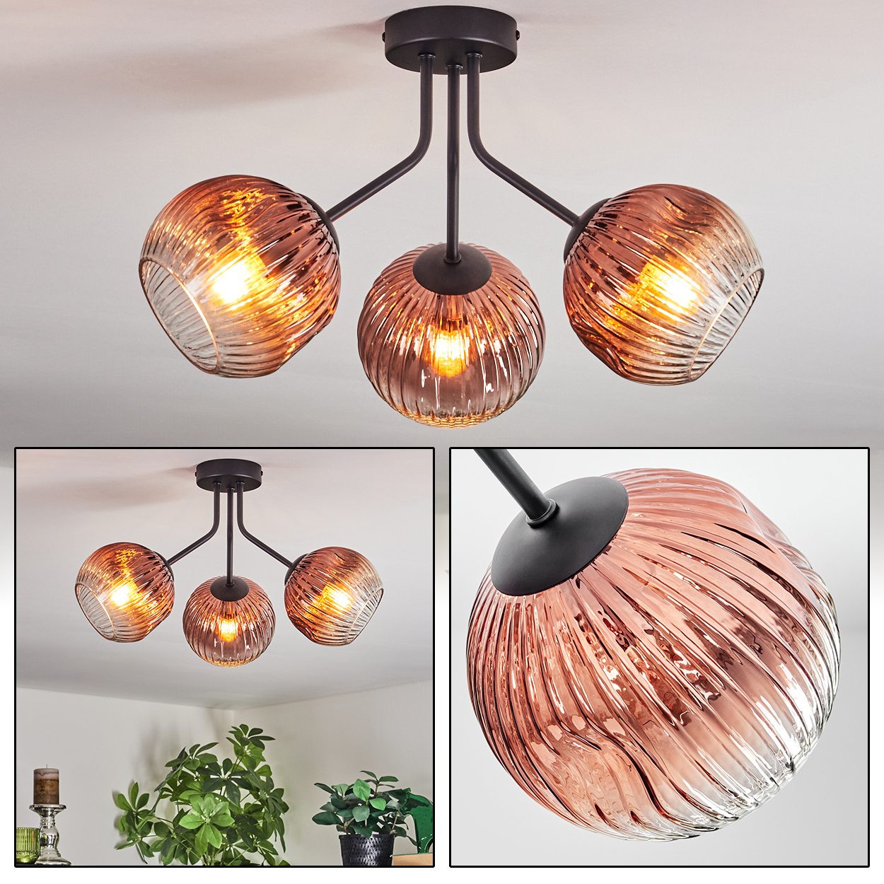 Moderne Deckenleuchte mit drei Glasschirmen. Die Schirme sind kupferfarben, die Leuchte ist schwarz.
