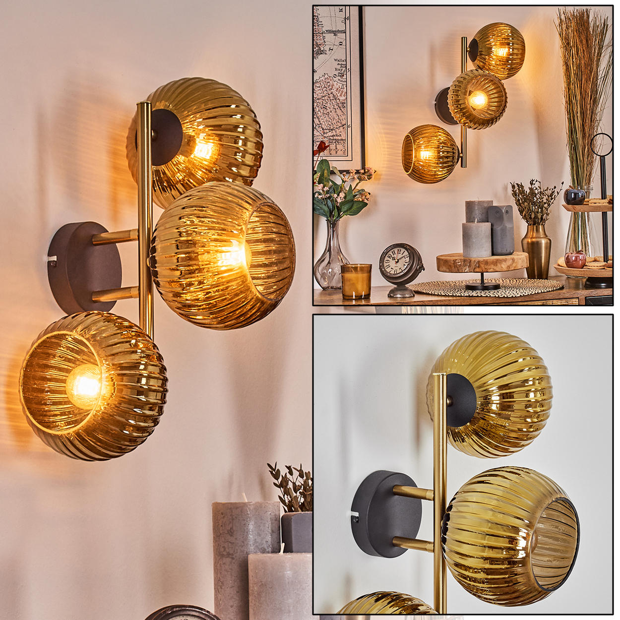 Drei goldfarbene, kugelförmige Lampen an einer Wand. Im Hintergrund: Kerzen, Uhr, Vase und Karte.