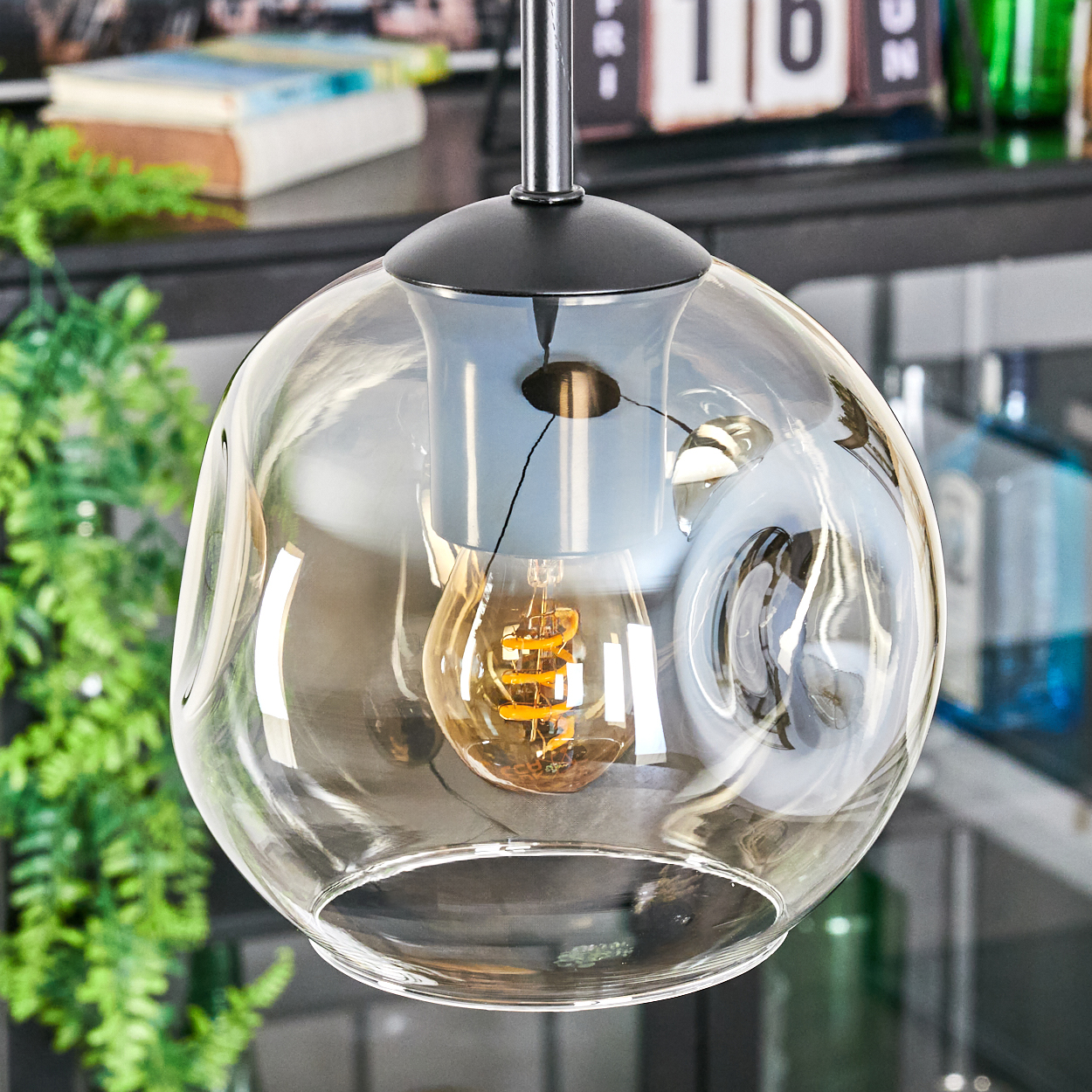 Eine moderne Pendelleuchte mit klarem Glasschirm, der eine warm getönte Glühbirne enthält. Der Hintergrund umfasst Grün und ein Regal mit Gegenständen.