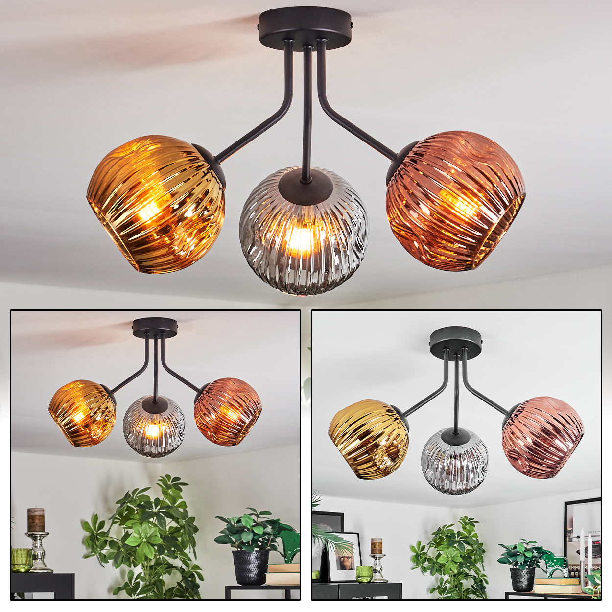 Eine moderne Deckenleuchte mit drei Glaskugeln in Gold, Silber und Kupfer. Die Leuchte befindet sich an einer weißen Decke.