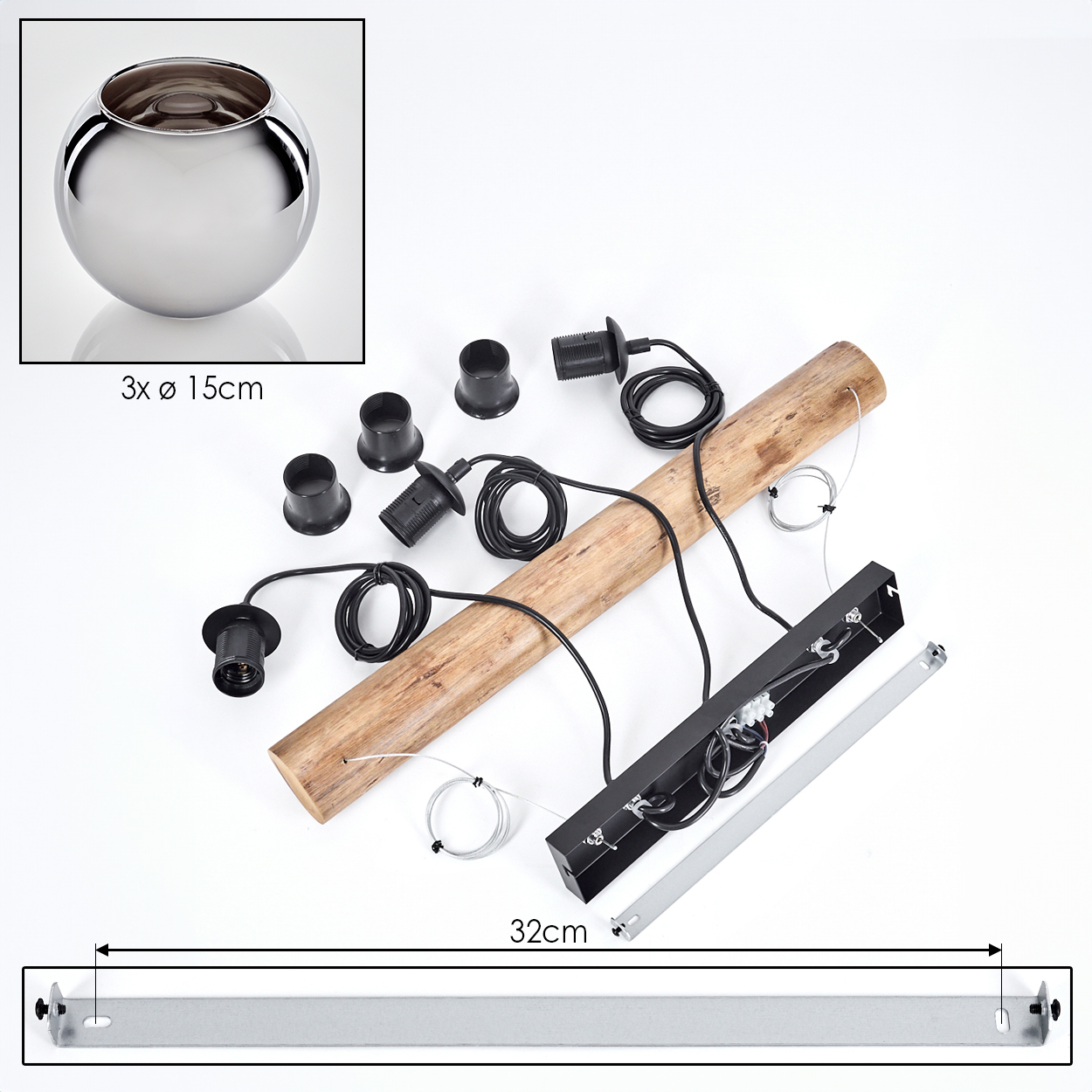 Zerlegte Leuchte. Enthält eine Chromkugel, schwarze Lampenfassungen, Holzbalken, Metallhalterung und Drähte, alles auf weißer Oberfläche.