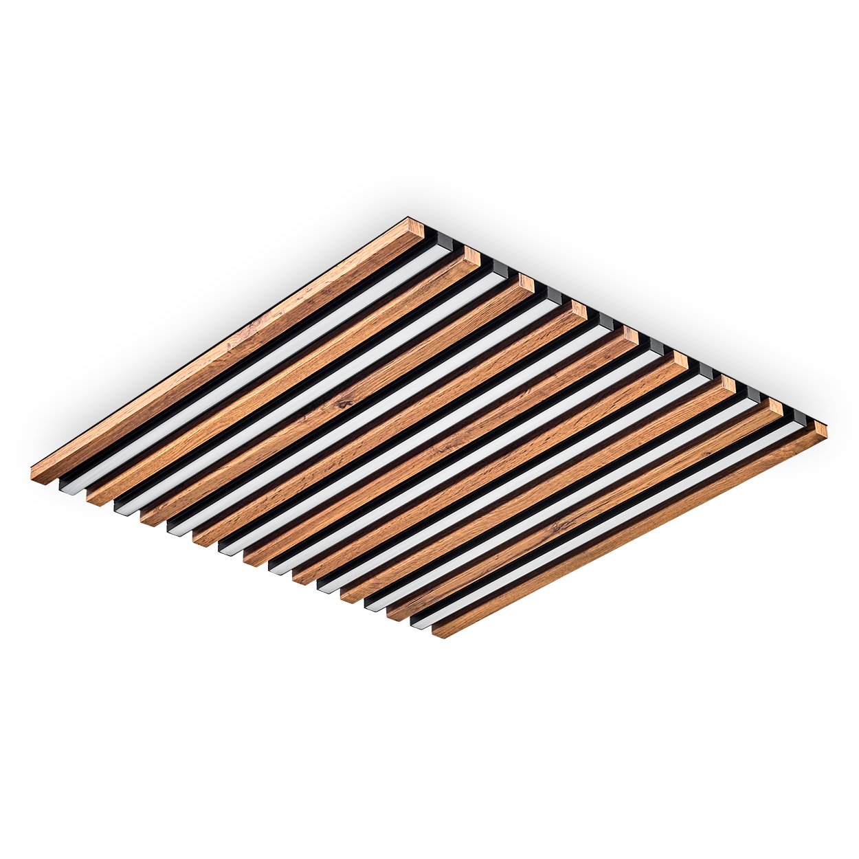 Akustikpaneel mit abwechselnden Holz- und schwarzen Streifen, vor weißem Hintergrund. Das Panel hat eine quadratische Form.