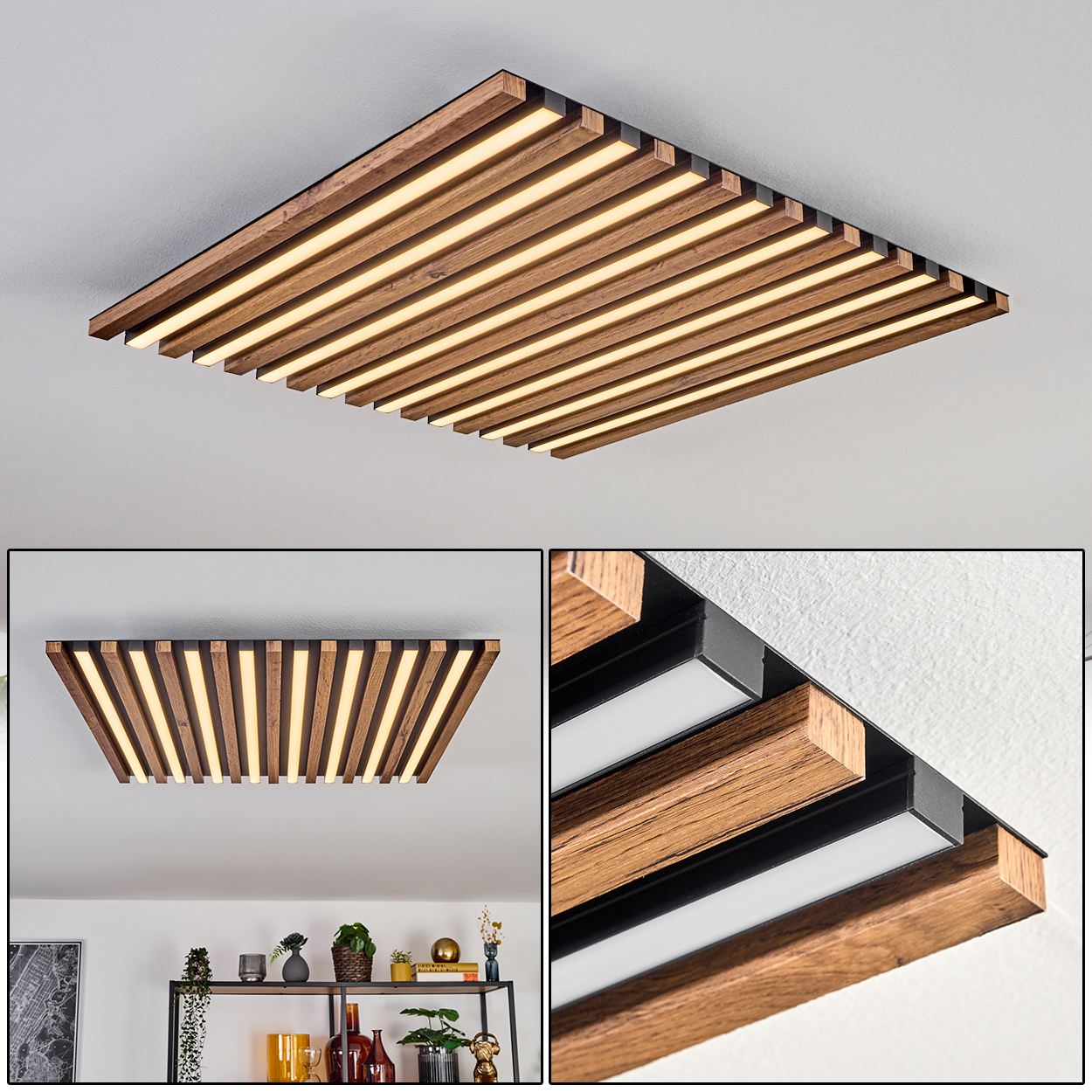 Eine moderne Deckenleuchte mit Holzlamellen und integrierten Lichtern. Rechteckig, mit warmem Licht und schwarzem Rahmen. Hintergrund: weiße Decke.