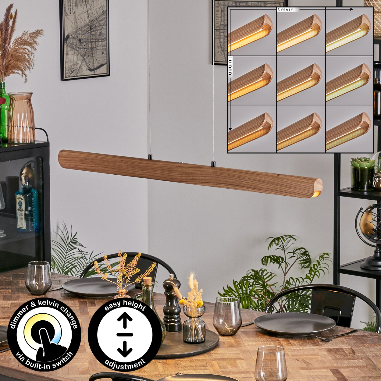 Eine Holzlampe hängt über einem gedeckten Tisch. Ein Schalter ermöglicht das Dimmen und die Kelvin-Änderung. Höhenverstellung ist einfach.