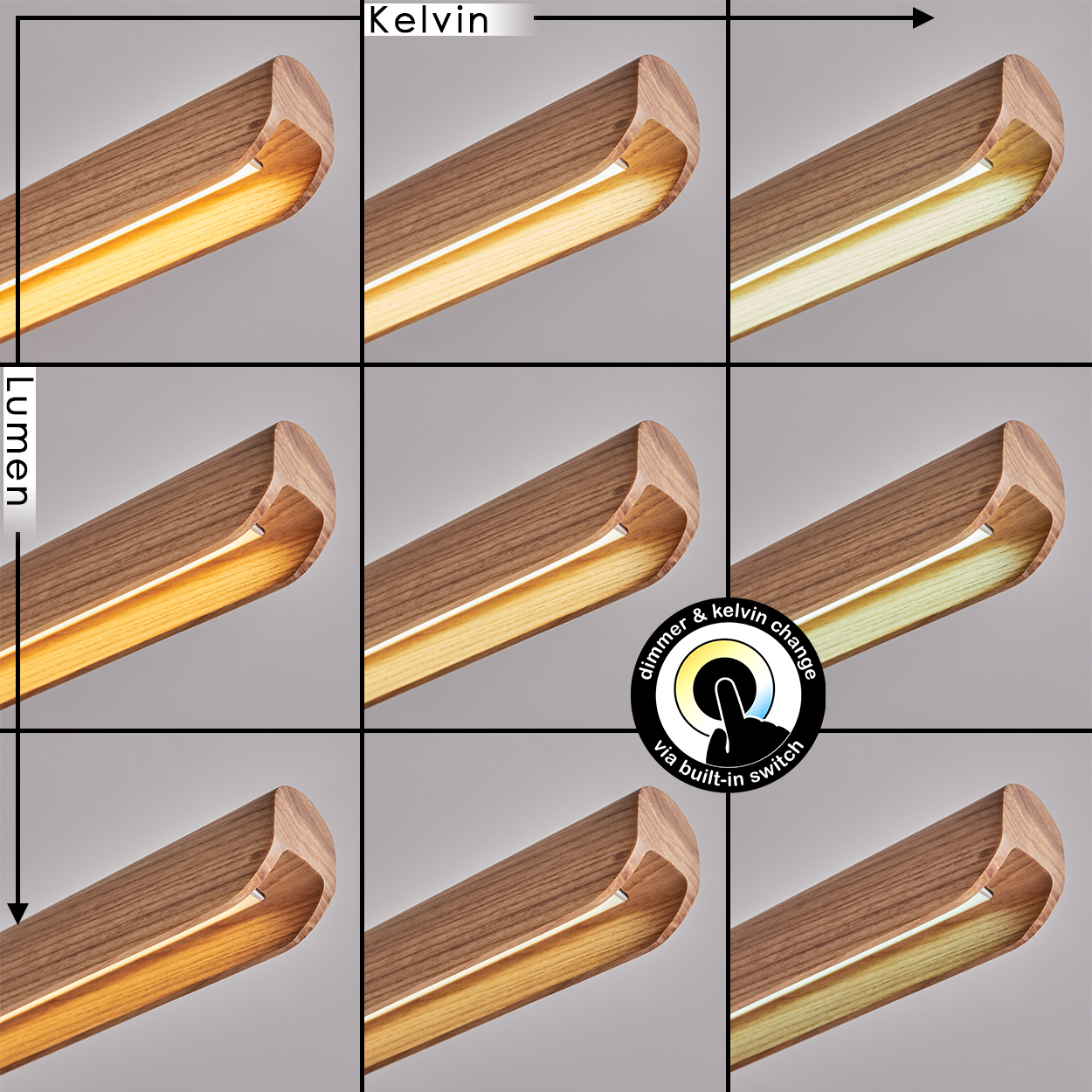 Neun Bilder zeigen eine Holzlampe mit wechselnder Lichtfarbe und Helligkeit. Ein Dimmer- und Kelvin-Schalter ist sichtbar.