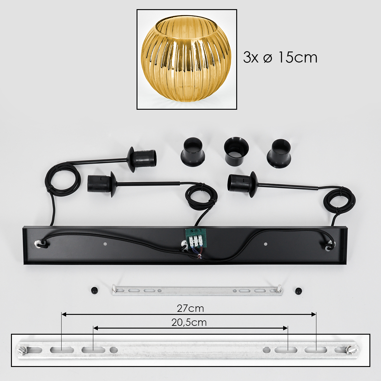Zerlegte schwarze Pendelleuchte mit goldfarbenem Glasschirm. Teile sind Drähte, Fassungen und Befestigungsmaterial.