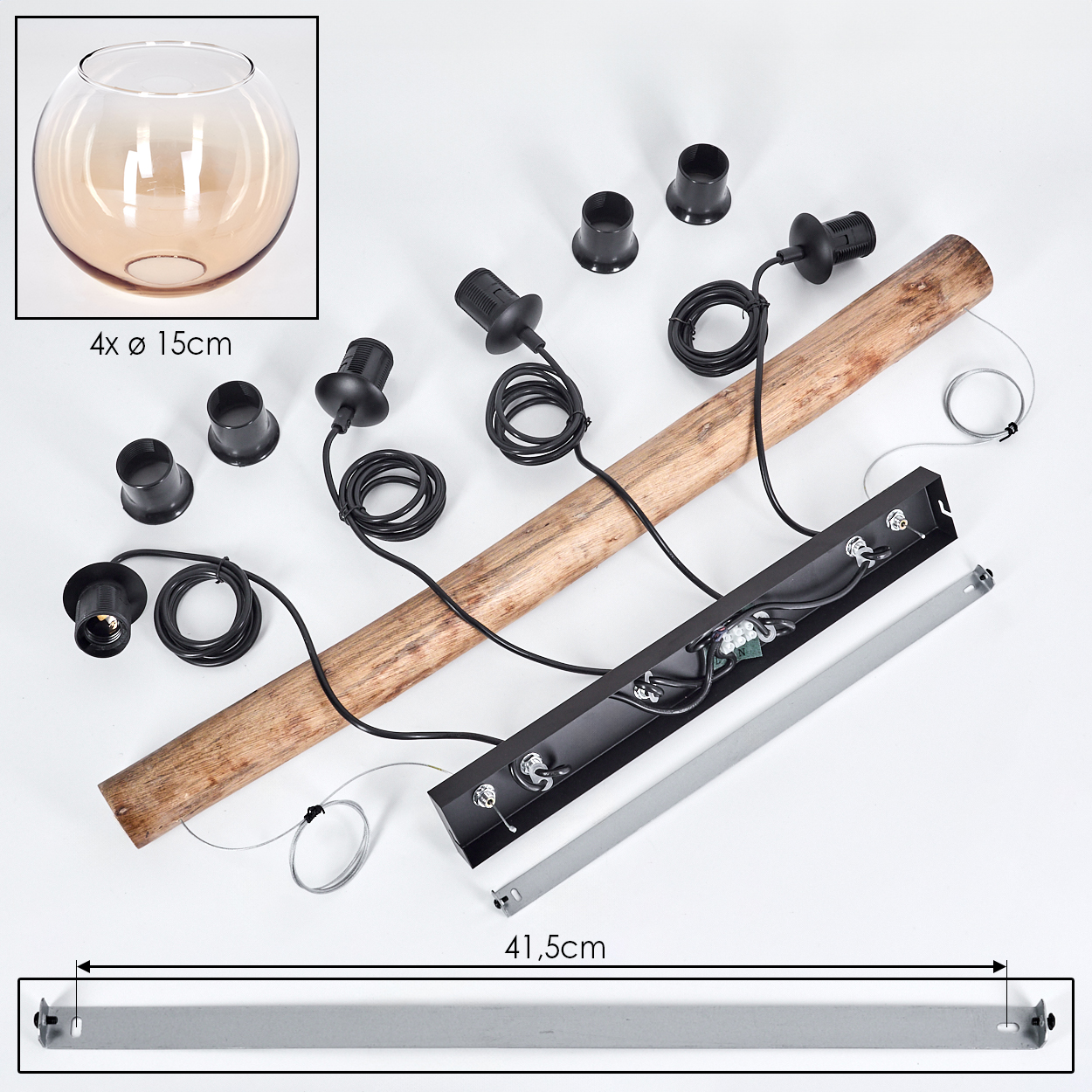 Komponenten der Deckenbeleuchtung. Enthält Holzbalken, schwarze Armaturen, eine Glasschale und Metallteile. Alles auf weißem Hintergrund.