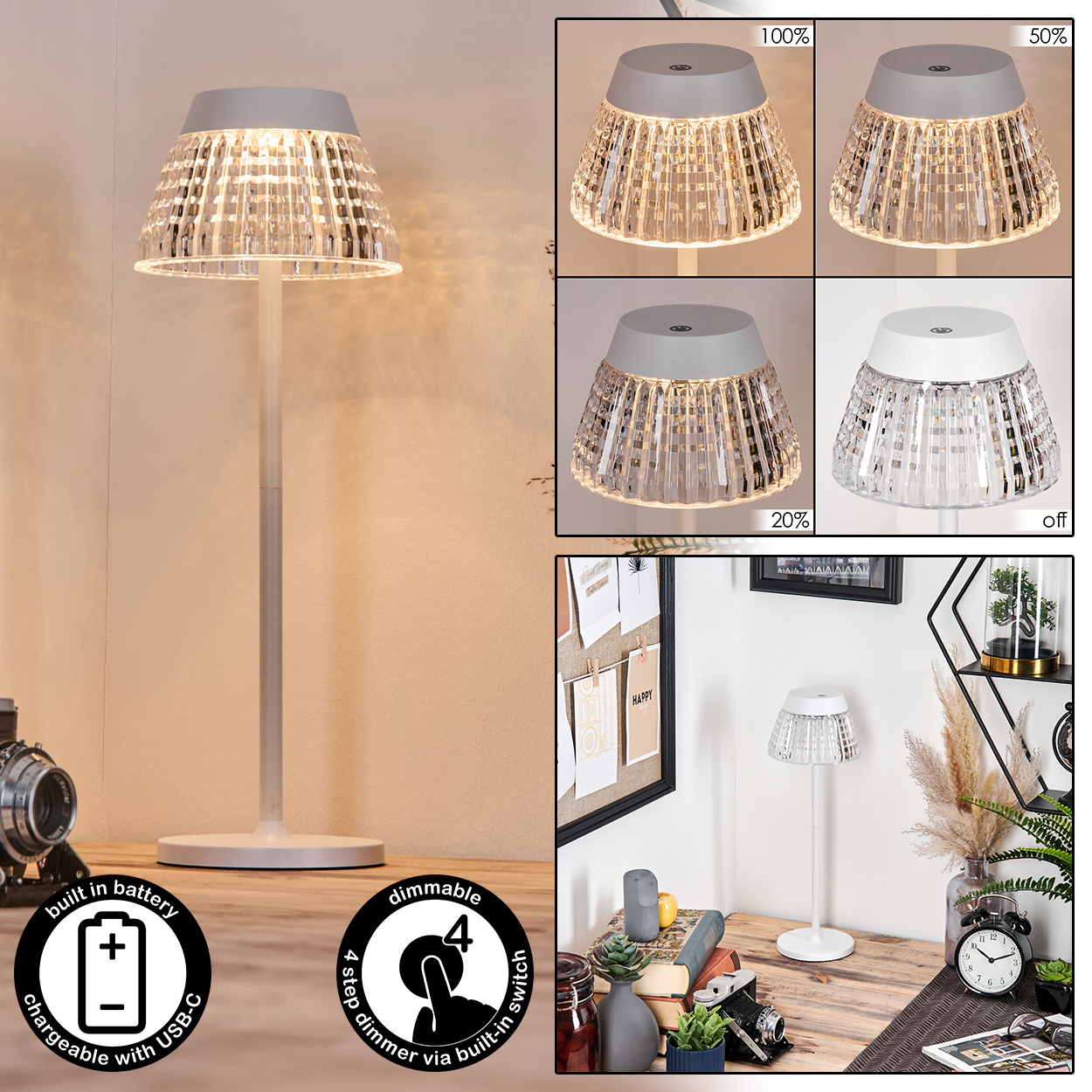 Gezeigt wird eine weiße Lampe mit Kristallschirm. Es gibt vier Helligkeitseinstellungen. Weitere Details umfassen einen USB-C-Ladeanschluss.