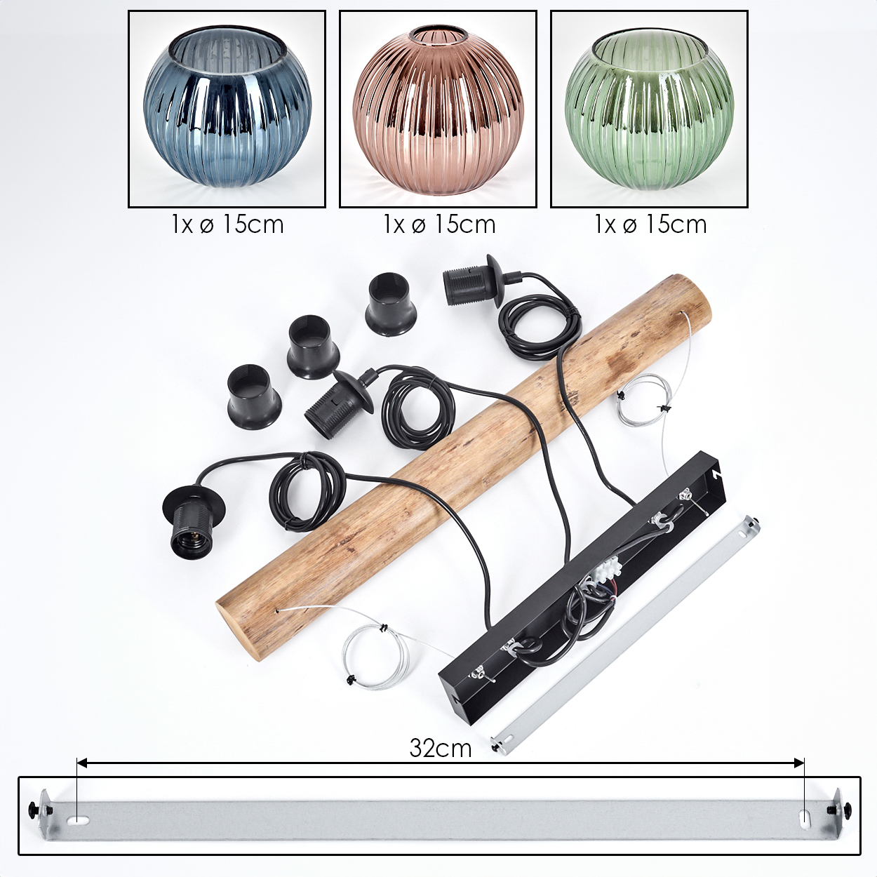 Drei Glasschirme: blau, roségold und grün. Komponenten: Holzbalken, schwarze Armaturen, Drähte und eine Metallhalterung, alles auf Weiß.