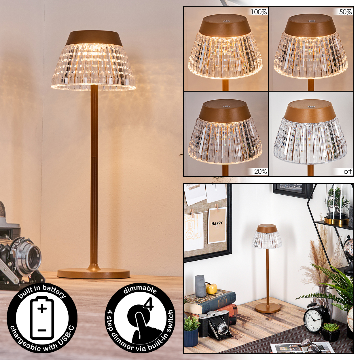 Eine Tischlampe mit Kristallschirm und braunem Sockel. Die Lampe steht auf einer Holzoberfläche. Enthält Dimmoptionen und USB-Aufladung.