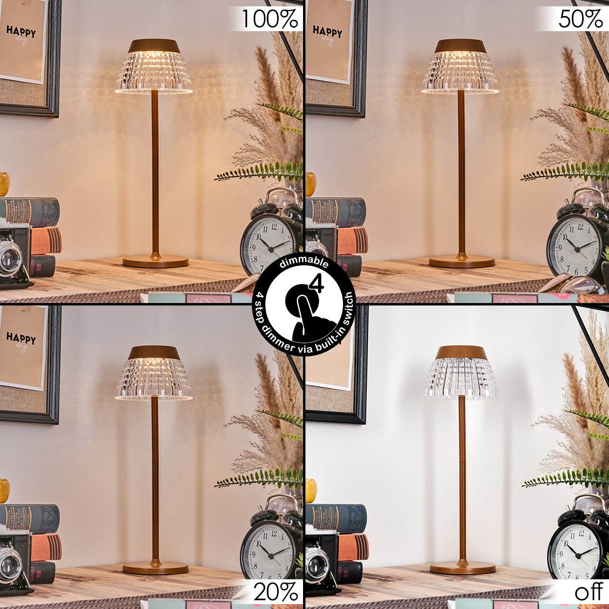 Eine Tischlampe mit Kristallschirm steht auf einer Holzoberfläche. Ein Wecker, Bücher und eine Kamera sind ebenfalls vorhanden. Die Lampe hat Dimmer.