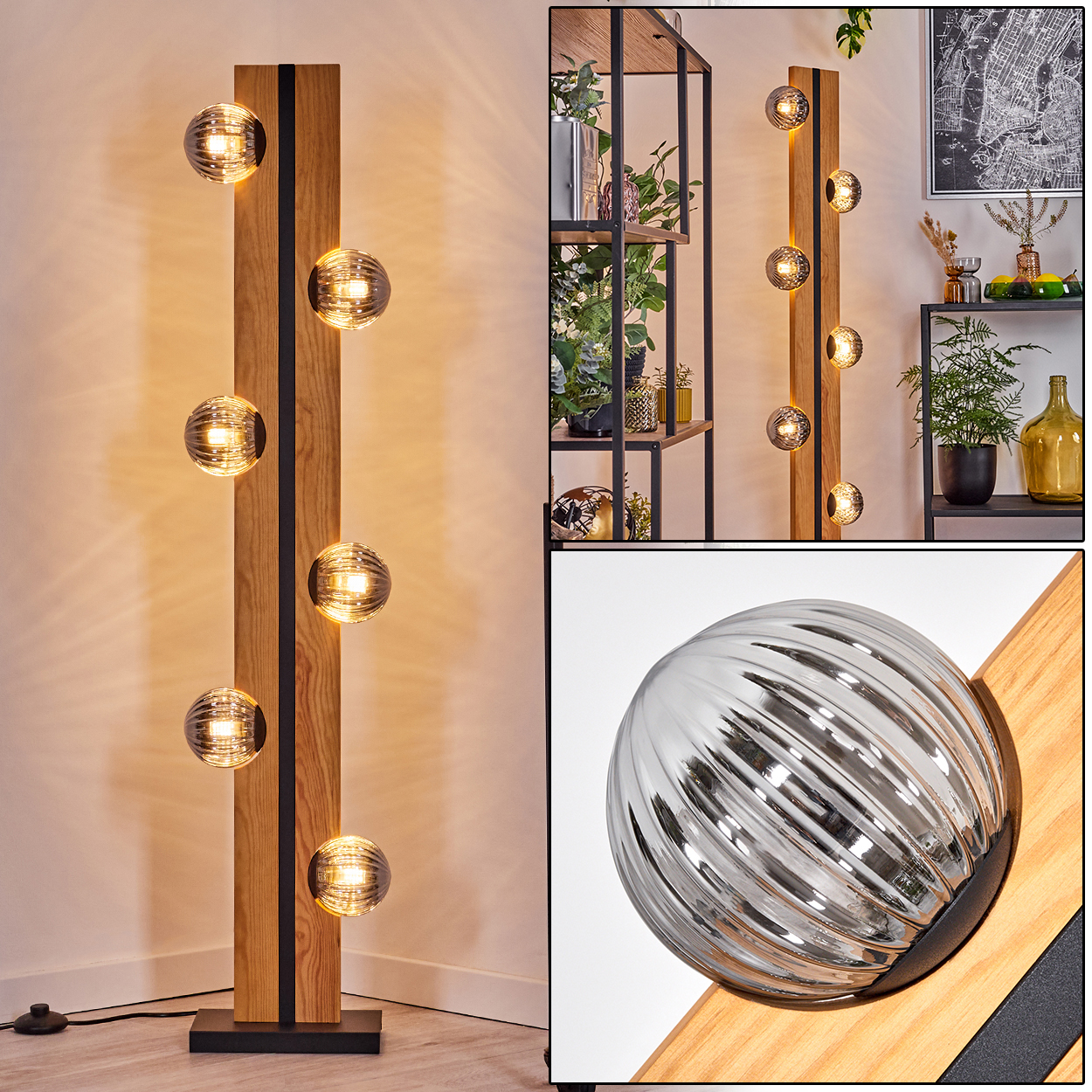 Moderne Stehlampe mit Glaskugelleuchten. Holzrahmen mit schwarzen Akzenten. Hintergrund: Regale, Pflanzen und Stadtplan.