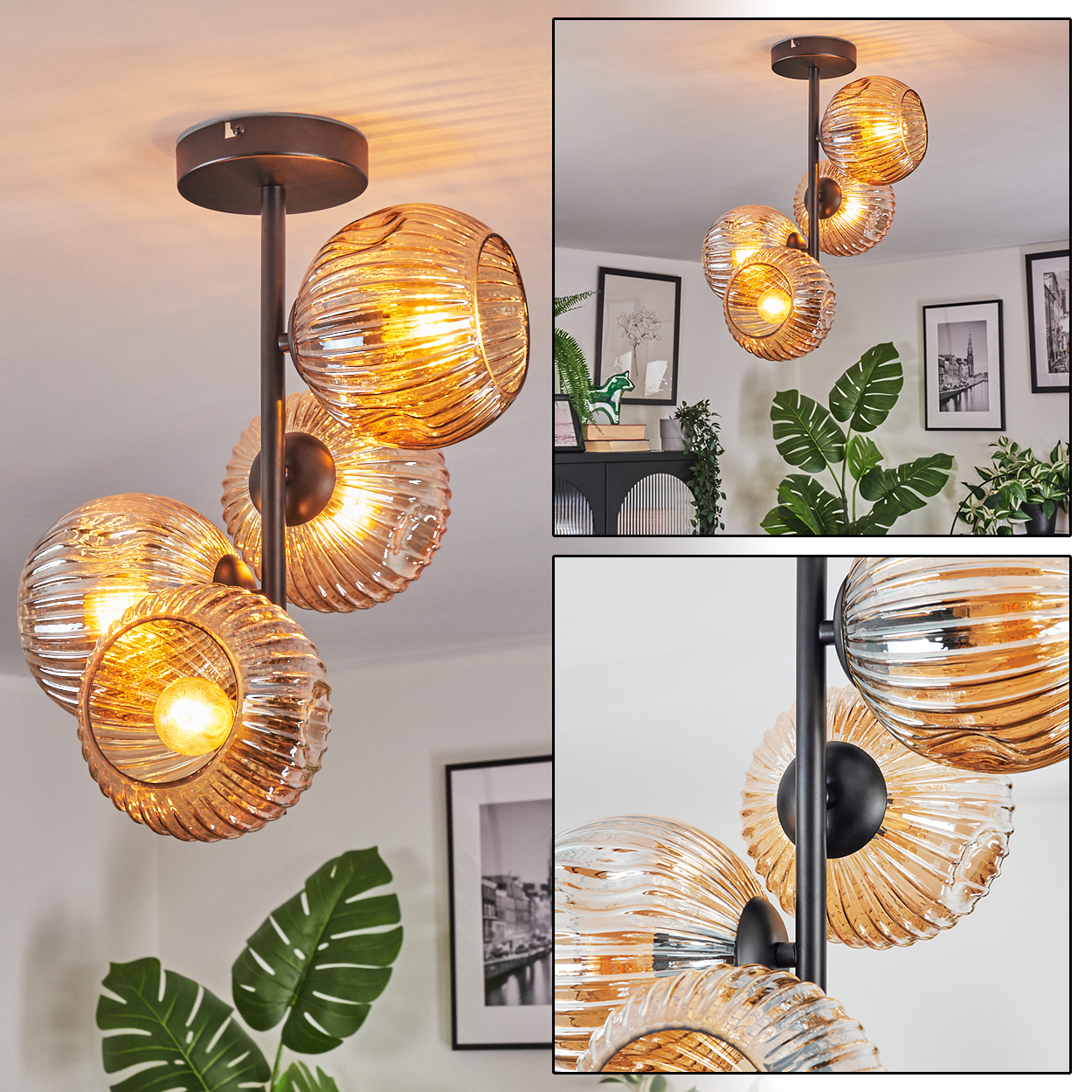 Eine moderne Deckenleuchte mit fünf bernsteinfarbenen Glaskugeln. Sie hängt an einer dunklen Metallstange. Der Hintergrund zeigt Pflanzen und Bilder.