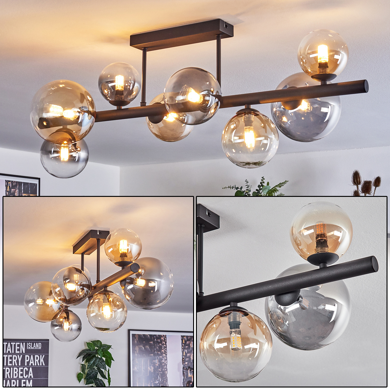 Eine moderne Deckenleuchte mit mehreren kugelförmigen Glasschirmen. Sie hat einen schwarzen Metallrahmen. Die Glühbirnen leuchten und der Hintergrund ist ein Raum.