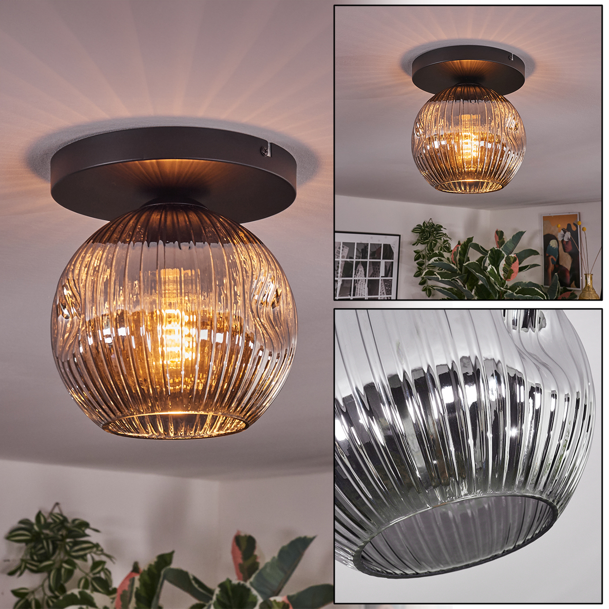 Nahaufnahme einer Deckenlampe mit braunem Sockel und geripptem, kugelförmigem Glasschirm. Sie ist von innen beleuchtet und wirft einen warmen Schein.