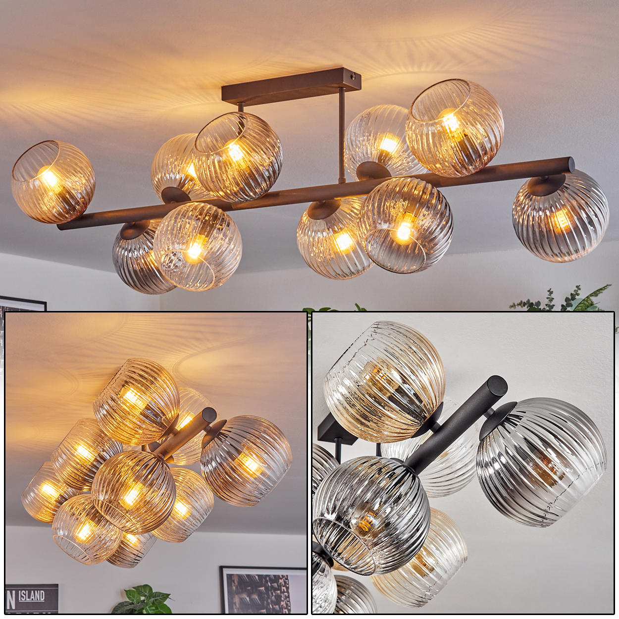 Eine moderne Deckenleuchte mit mehreren Glaskugelleuchten. Die Kugeln sind klar und haben ein strukturiertes, geripptes Design mit warmgelben Lichtern.