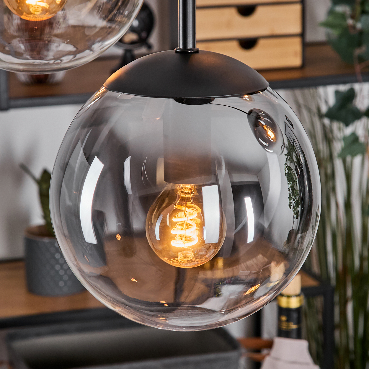 Nahaufnahme einer Glaskugel-Pendelleuchte mit freiliegender Glühbirne, vor verschwommenem Hintergrund mit Pflanzen und Holzregalen.