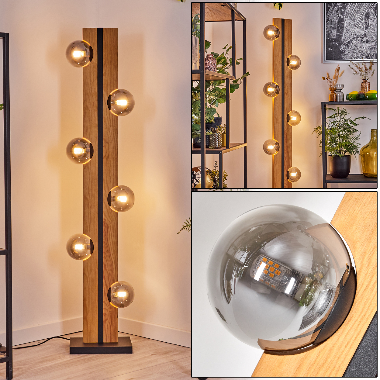 Eine moderne Stehlampe mit Holzbalken, schwarzen Akzenten und leuchtenden Kugellichtern. Der Hintergrund zeigt Regale und Pflanzen.