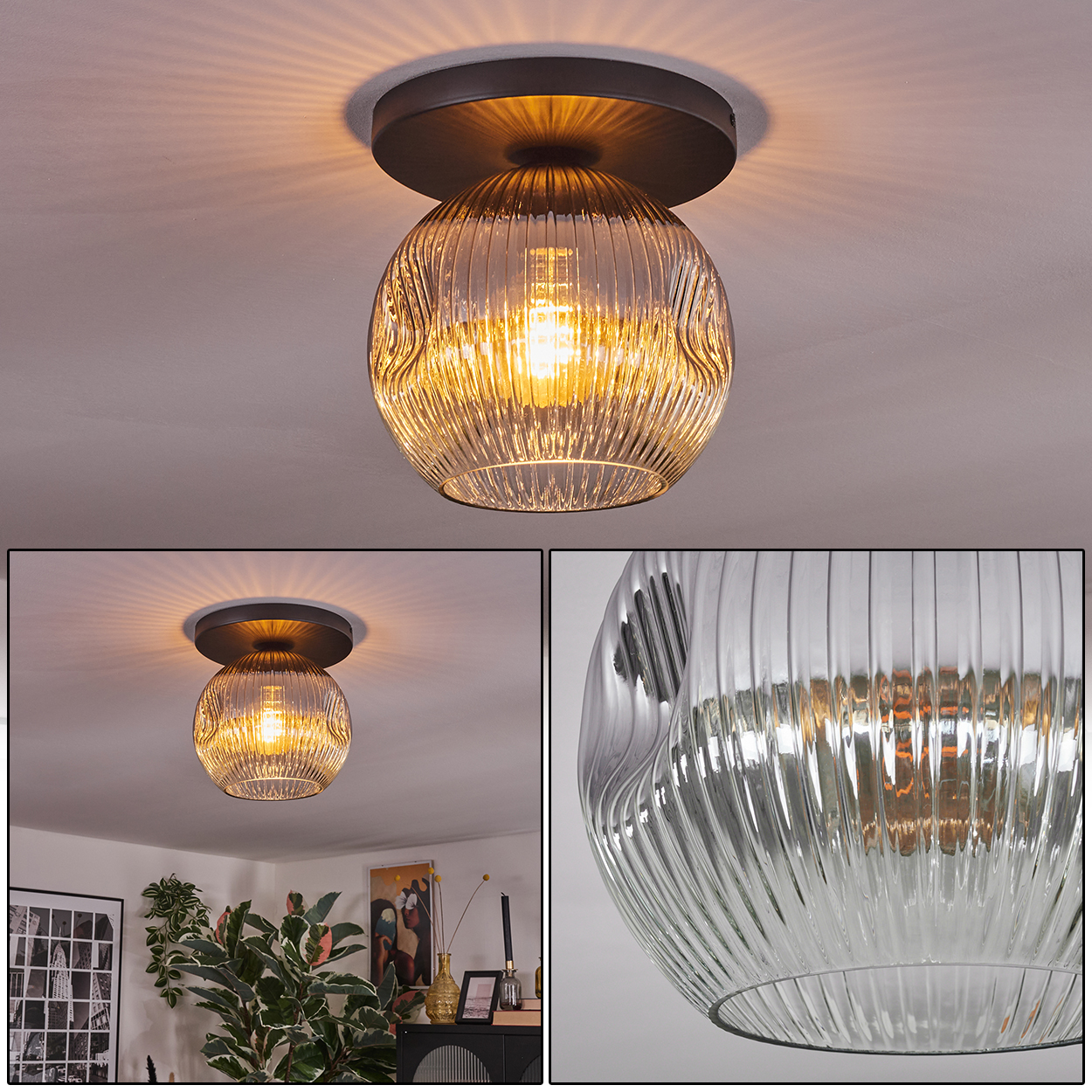 Nahaufnahme einer Deckenlampe mit geriffeltem Glasschirm und dunklem Metallsockel, die warmes Licht wirft. Die Lampe befindet sich an einer weißen Decke.