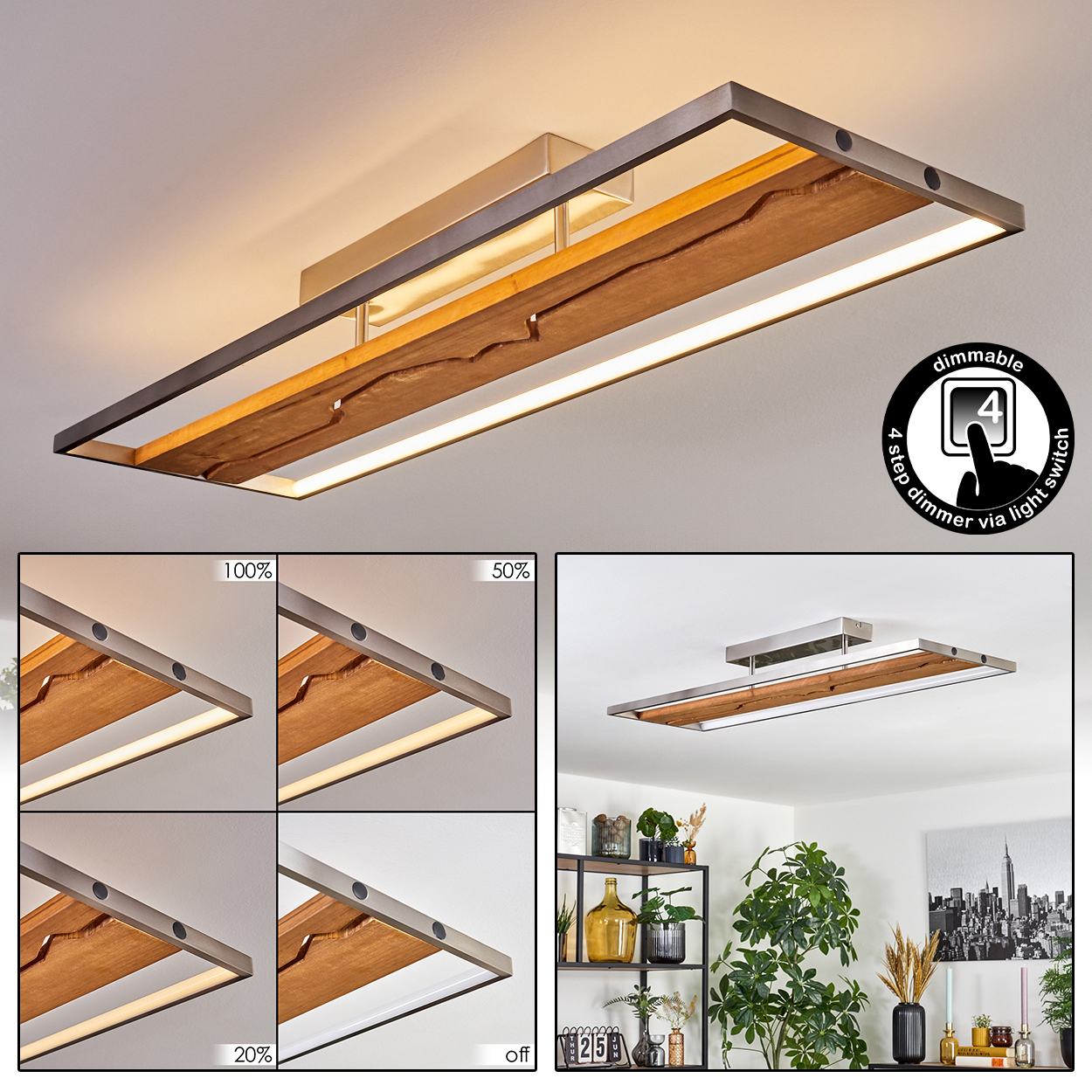 Moderne Deckenlampe mit Holzpaneel, Metallrahmen und integrierten LEDs. Enthält Dimmeinstellungen. Auch ein Raum mit Pflanzen und Möbeln.