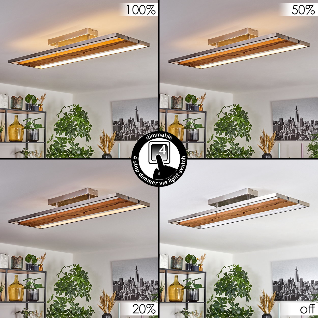 Eine moderne Deckenleuchte mit Holz und Metall. Vier Lichtstufen werden gezeigt: 100 %, 50 %, 20 % und aus. Pflanzen und ein Stadtbild im Hintergrund.