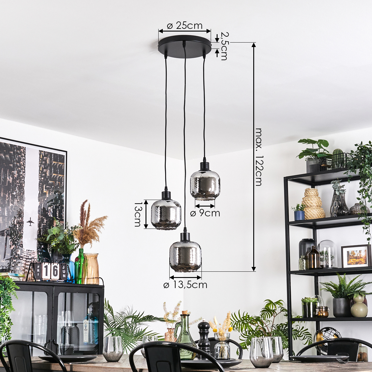 Drei Pendelleuchten mit Glasschirmen hängen über einem Esstisch. Rechts ein schwarzes Metallregal mit Pflanzen. Links ein Schrank.
