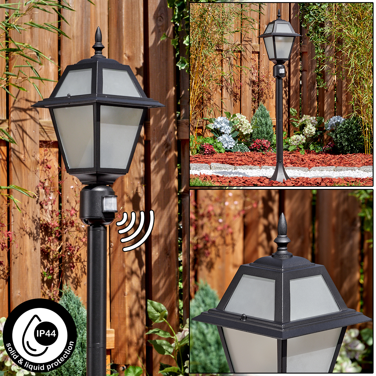 Schwarze Außenlampe mit Milchglasscheiben, an einer Stange montiert, mit Bewegungssensor. Vor Holzzaun und Garten.