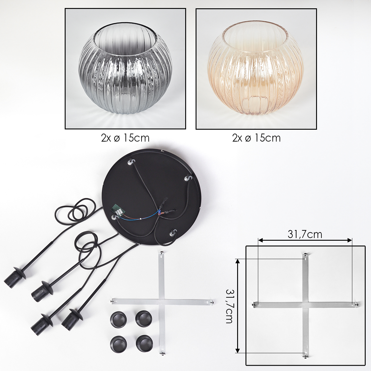 Das Bild zeigt zwei Glasschalen, eine schwarze Deckenplatte mit Drähten, einen Metallrahmen und schwarze Lampenfassungen. Abmessungen sind angegeben.