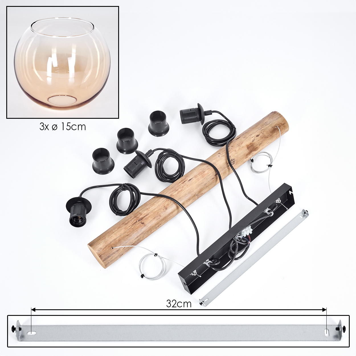 Eine zerlegte Leuchte. Enthält einen Holzbalken, schwarze elektrische Komponenten, einen Glasschirm und eine Metallhalterung.
