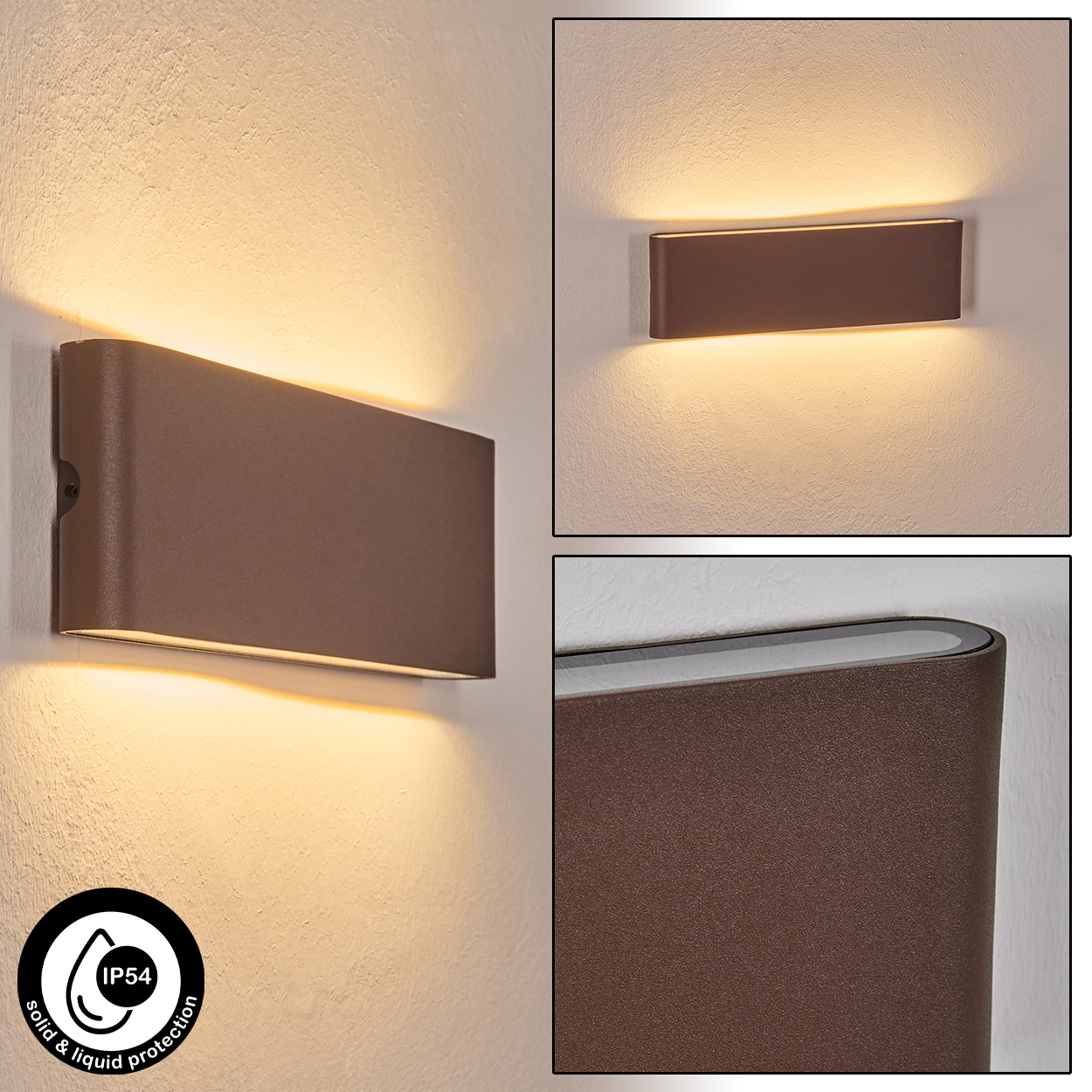 Eine braune Wandleuchte ist an einer hellen Wand montiert. Die Lampe gibt warmes Licht ab, und das Bild zeigt Nahaufnahmen der Lampe.