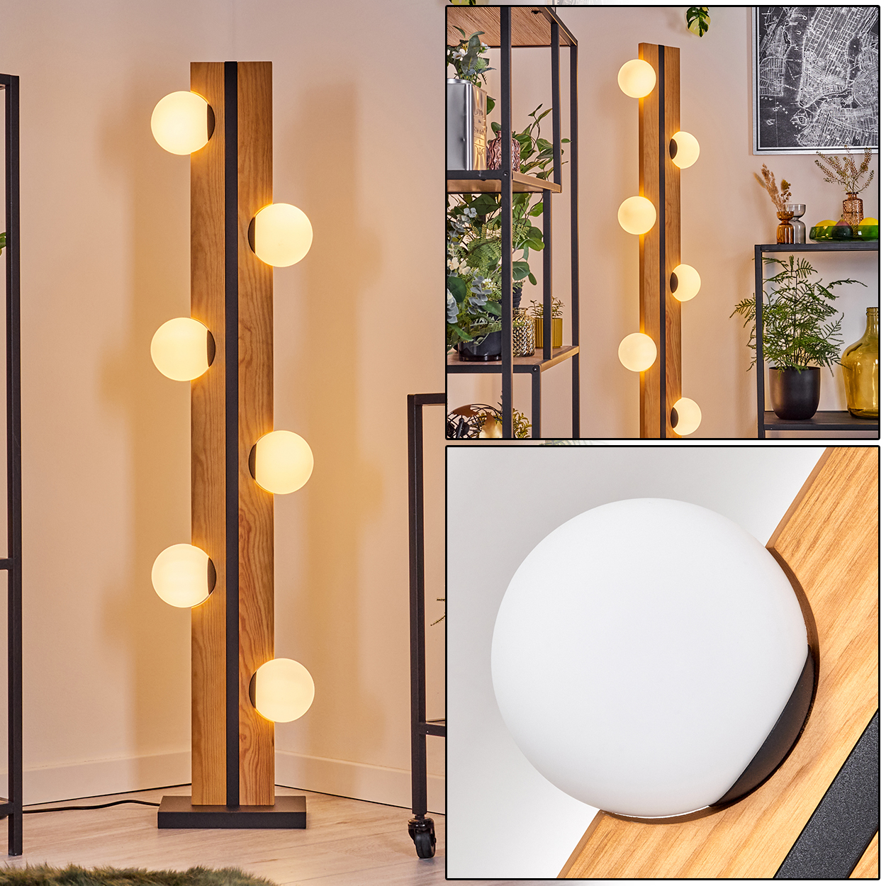 Eine moderne Stehlampe mit Holz- und schwarzen Metallakzenten. Sie hat mehrere kugelförmige Lichter. Pflanzen und Regale sind im Hintergrund zu sehen.