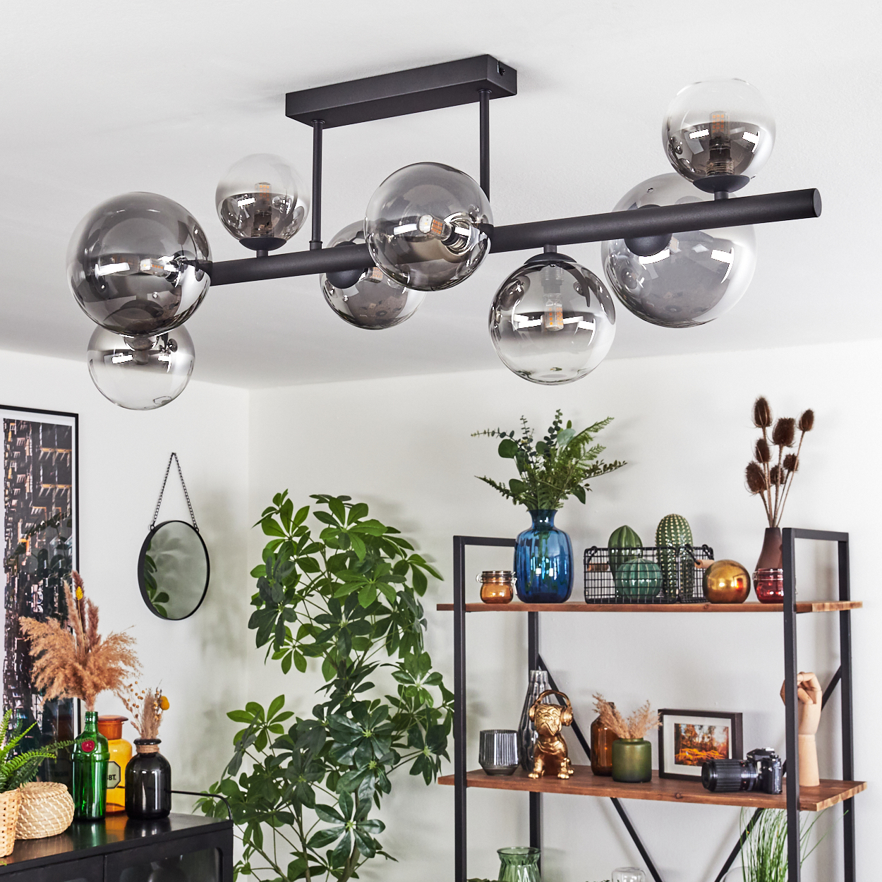 Ein modernes Wohnzimmer mit schwarzem Kronleuchter, Pflanzen, einem Regal mit Dekoration und einem schwarzen Schrank. Weiße Wände und Decke.