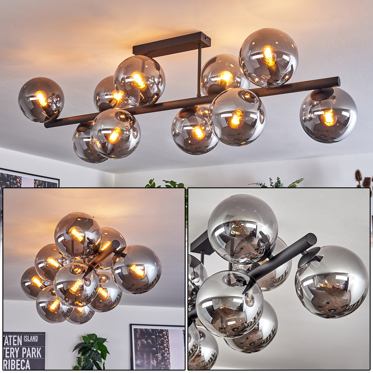 Eine moderne Deckenlampe mit mehreren kugelförmigen, grauen Glaskugeln, jede mit einer warmen Glühbirne. Die Halterung ist schwarz, an der Decke montiert.