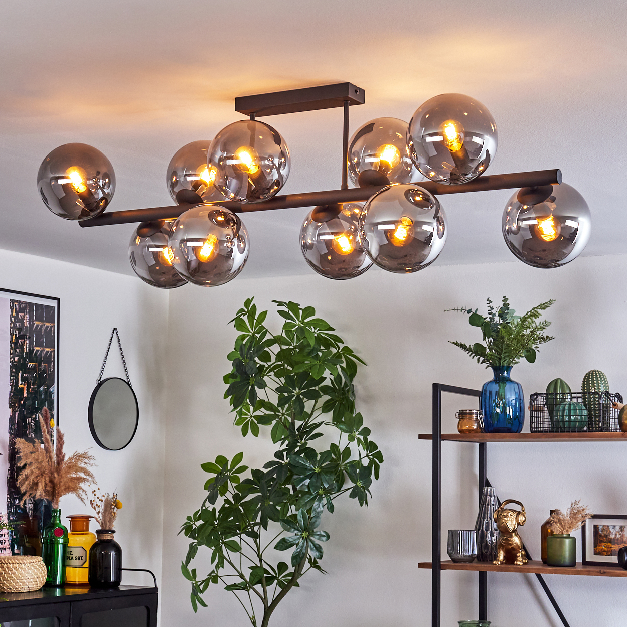 Modernes Interieur mit Deckenleuchte und Zierpflanzen. Die Leuchte hat mehrere Glühbirnen aus Rauchglas. Es gibt auch ein Regal mit Pflanzen.