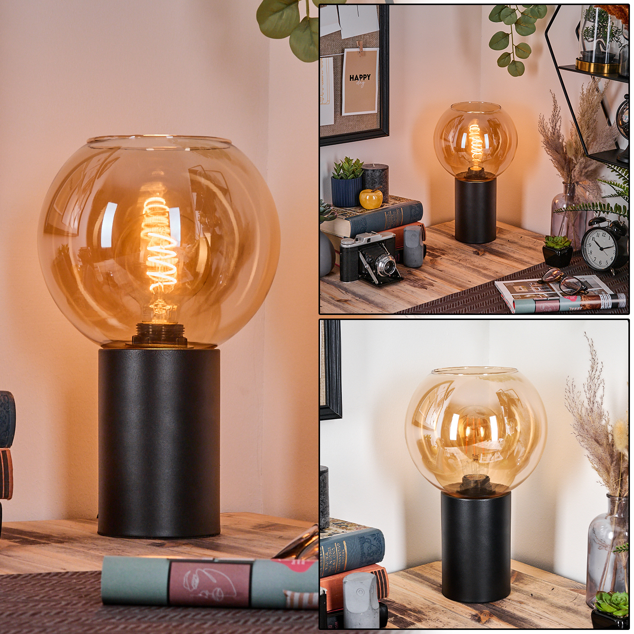 Eine dekorative Lampe mit rundem, bernsteinfarbenem Glasschirm und schwarzem, zylindrischem Fuß auf Holzoberfläche.