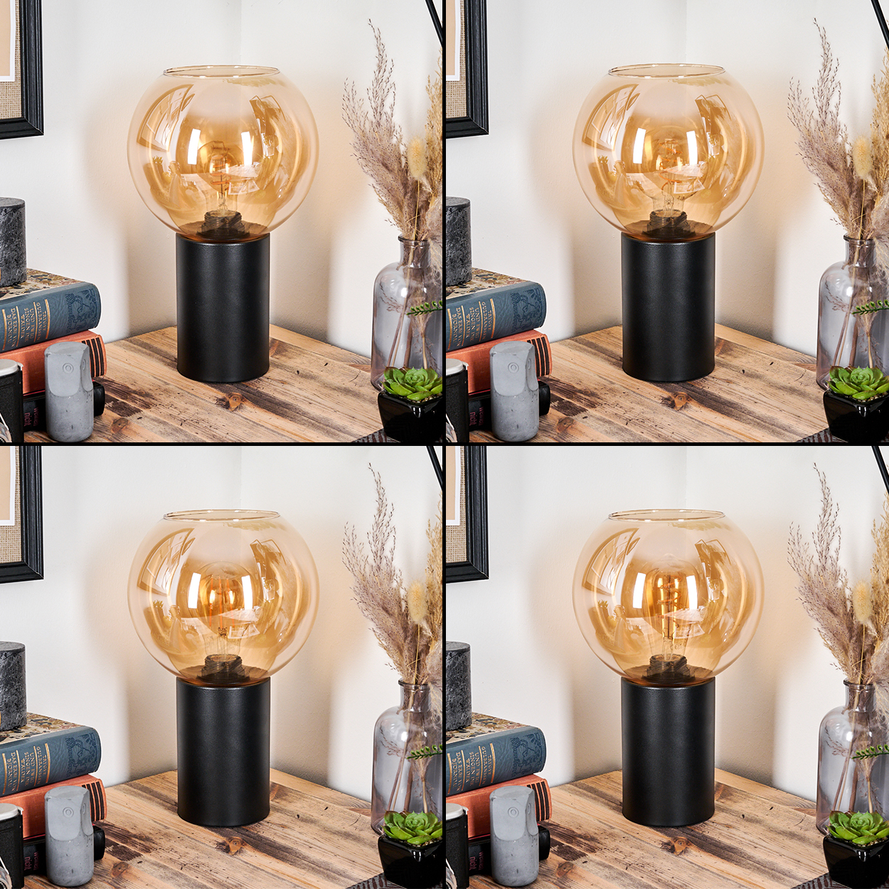 Eine Tischlampe mit Globusschirm steht auf einem Holztisch. Daneben befinden sich Bücher, eine Vase mit Trockenpflanzen und eine kleine Eulenstatue.