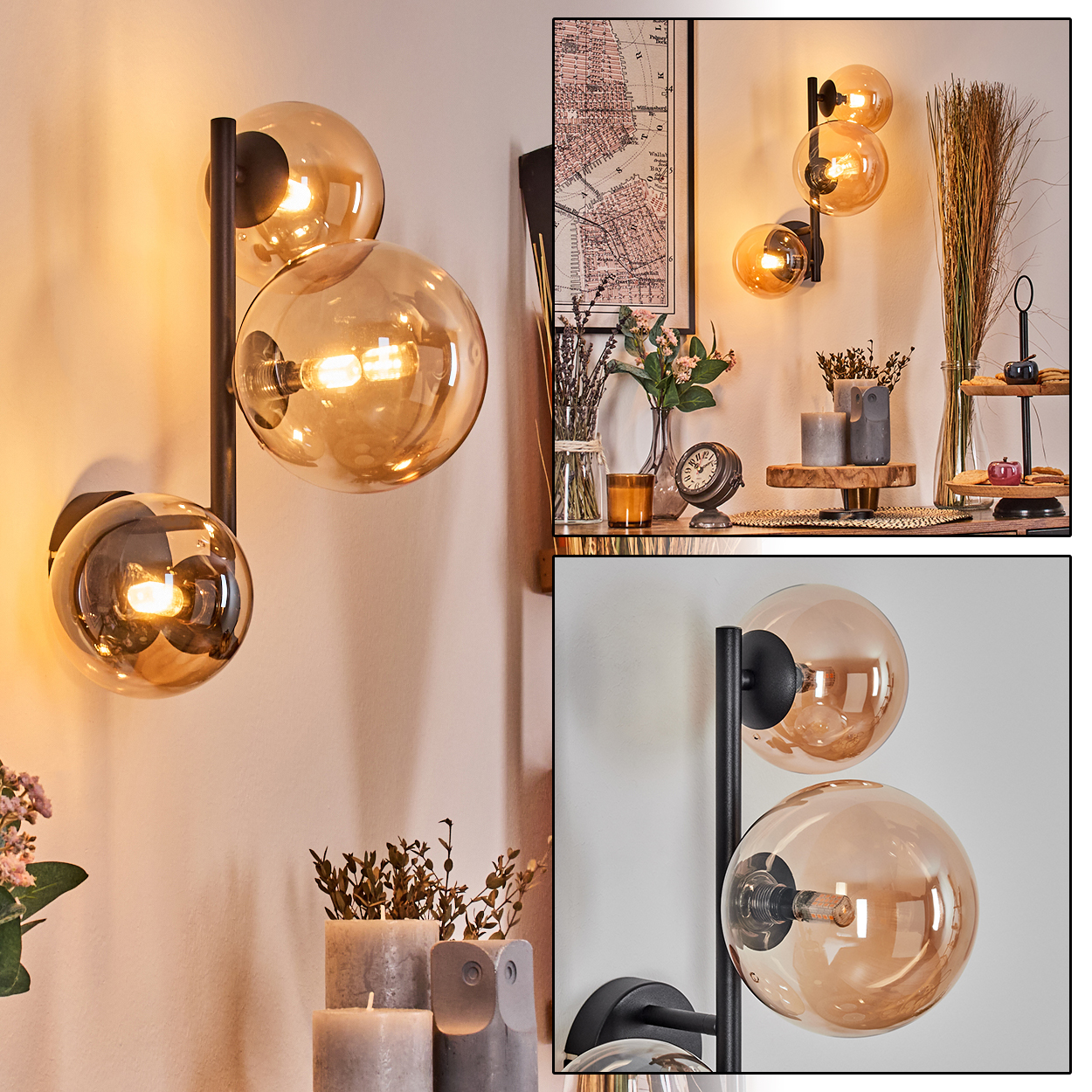 Drei Kugellampen mit bernsteinfarbenem Glas sind an einer Wand montiert. Kerzen, Pflanzen und eine Uhr stehen auf einem Regal. Eine Karte hängt an der Wand.