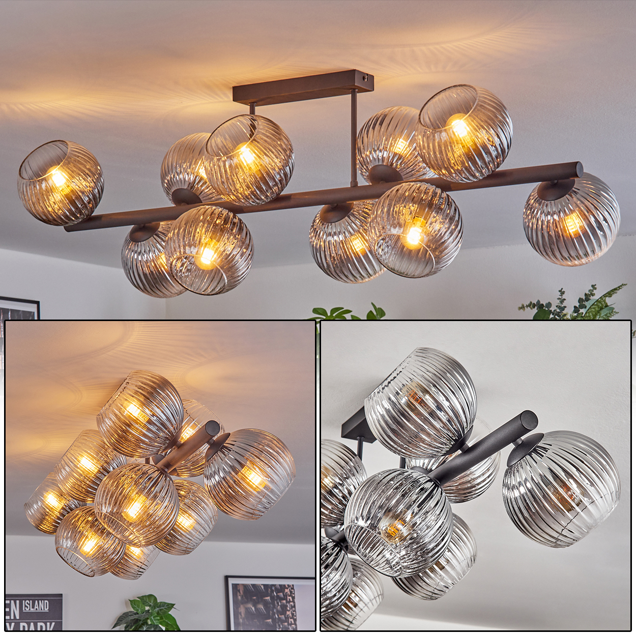 Eine moderne Deckenleuchte mit mehreren Glaskugeln. Jede Kugel hat eine Glühbirne. Die Decke ist weiß.