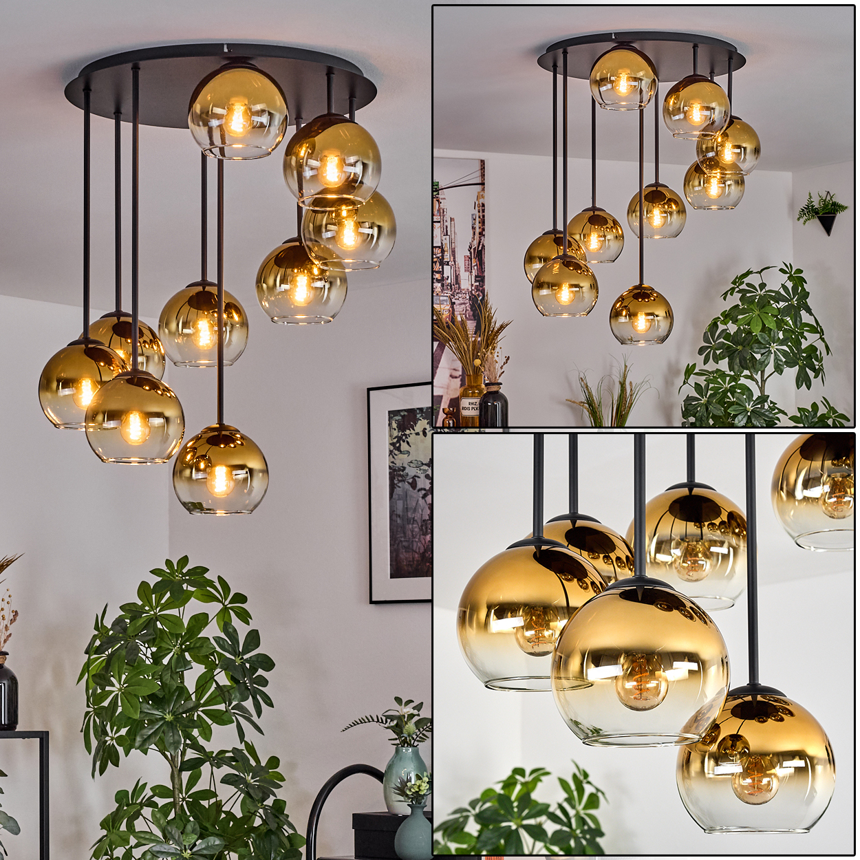 Eine moderne Deckenleuchte mit mehreren goldfarbenen kugelförmigen Lampen, die von einer schwarzen Deckenplatte hängen. Pflanzen und Kunst im Hintergrund.