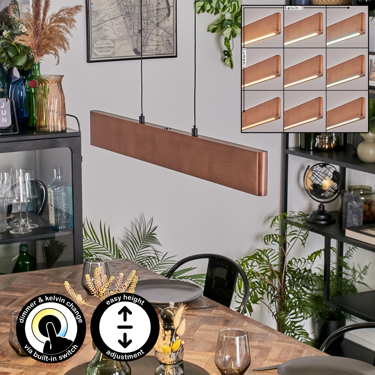 Ein modernes Esszimmer mit Holztisch, Hängelampe und dekorativen Elementen. Die Lampe bietet Dimmer und Höhenverstellung.