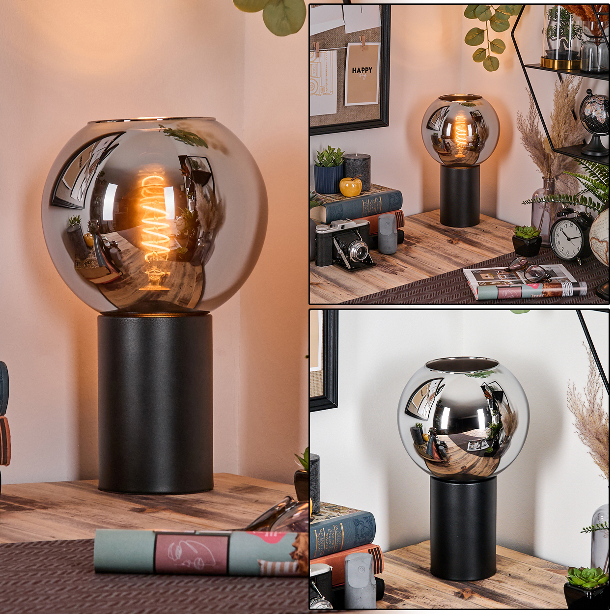 Eine dekorative Lampe mit rauchfarbenem Glasschirm und schwarzem Sockel, platziert auf einem Holztisch mit Büchern und Deko.