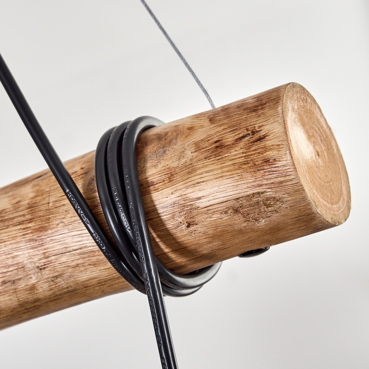 Nahaufnahme eines Holzstamms mit einem schwarzen Kabel darum gewickelt. Ein dünner Draht ist ebenfalls am Stamm befestigt.