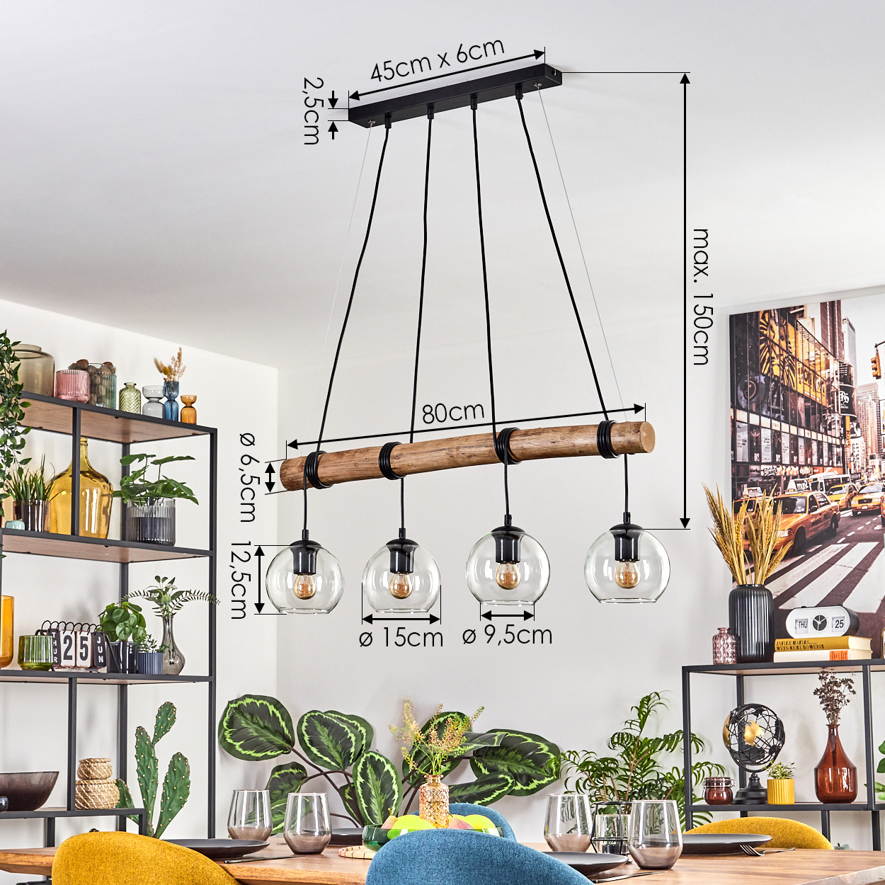 Ein Esszimmer mit einer Holzlampen, Tisch, Stühlen und Pflanzen. Abmessungen sind ebenfalls angegeben, wie 45cm x 6cm und 80cm.