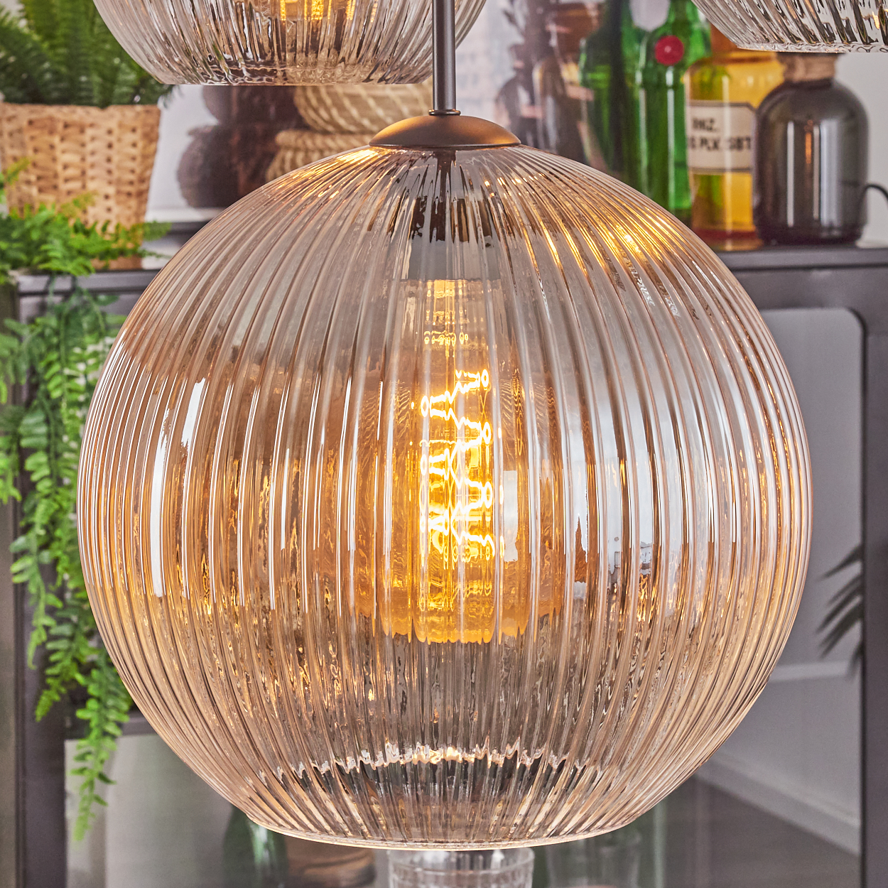 Nahaufnahme einer Glashängelampe mit warmer Glühbirne. Die Lampe hat eine gerippte Textur. Hintergrund: Pflanzen und Flaschen.