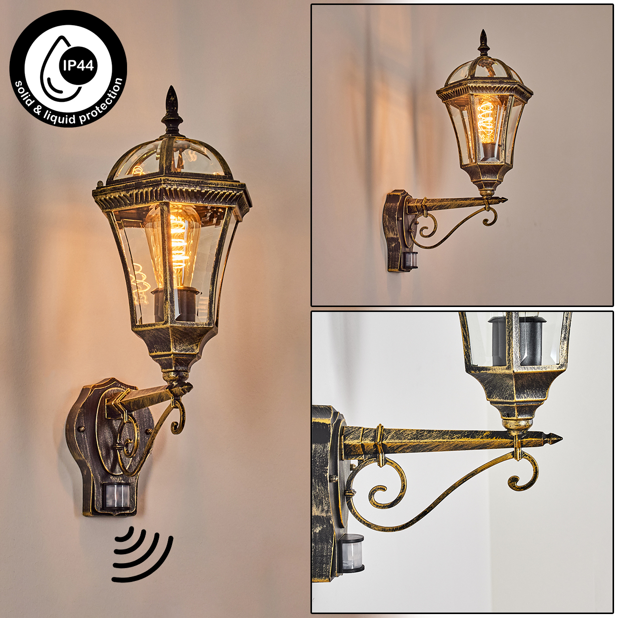 Eine Außenwandleuchte mit Bewegungsmelder. Sie hat ein Vintage-Design mit einem Glasgehäuse und einer warmen Glühbirne.