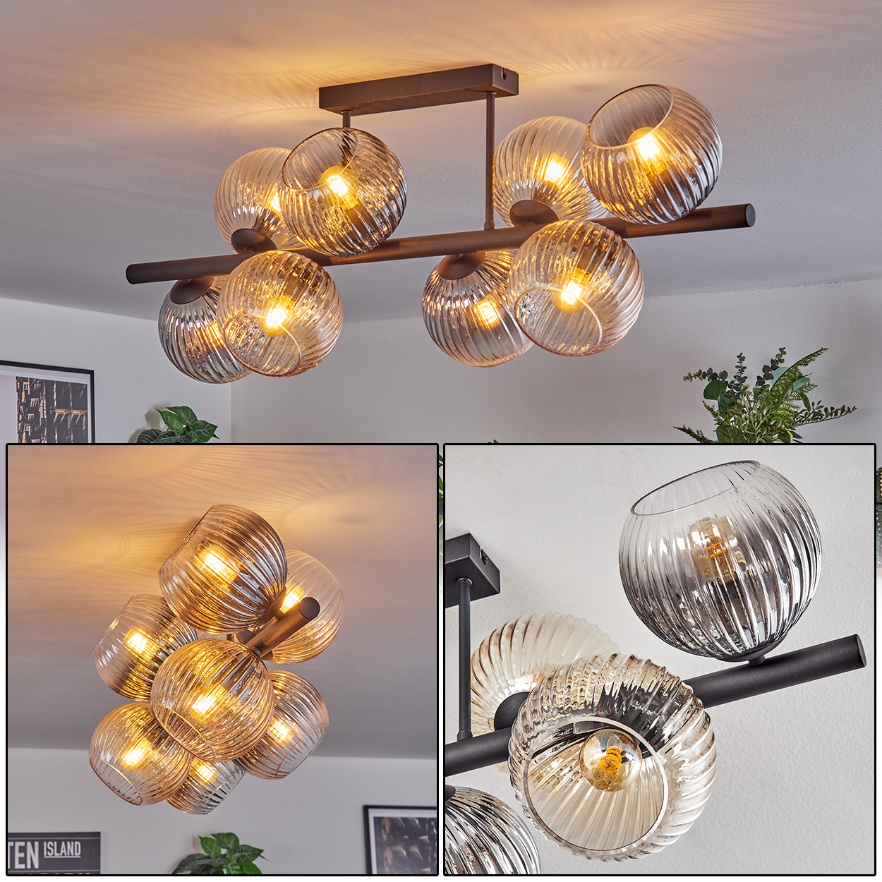 Moderne Deckenleuchte mit mehreren Glaskugelschirmen. Die Kugeln haben ein geripptes Design und warmes Licht.