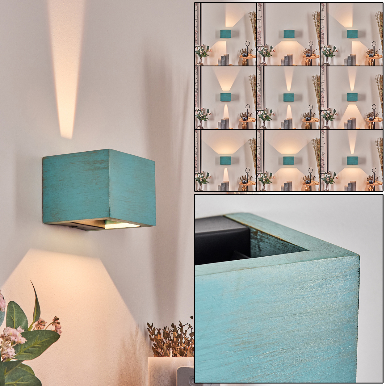 Eine türkisfarbene Wandleuchte mit Holzstruktur ist an einer weißen Wand befestigt. Die Lampe strahlt Licht nach unten aus. Zusätzliche Beleuchtungstests.